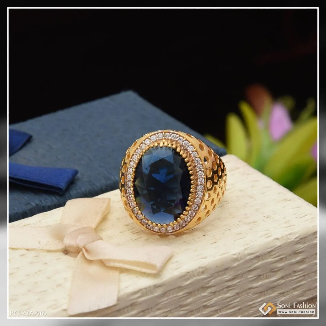 1 Gram Gold Forming Blue Stone With Diamond Best Quality Ring For Men - Style A969