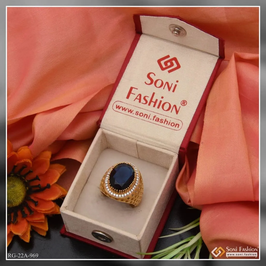 1 Gram Gold Forming Blue Stone With Diamond Best Quality Ring For Men - Style A969