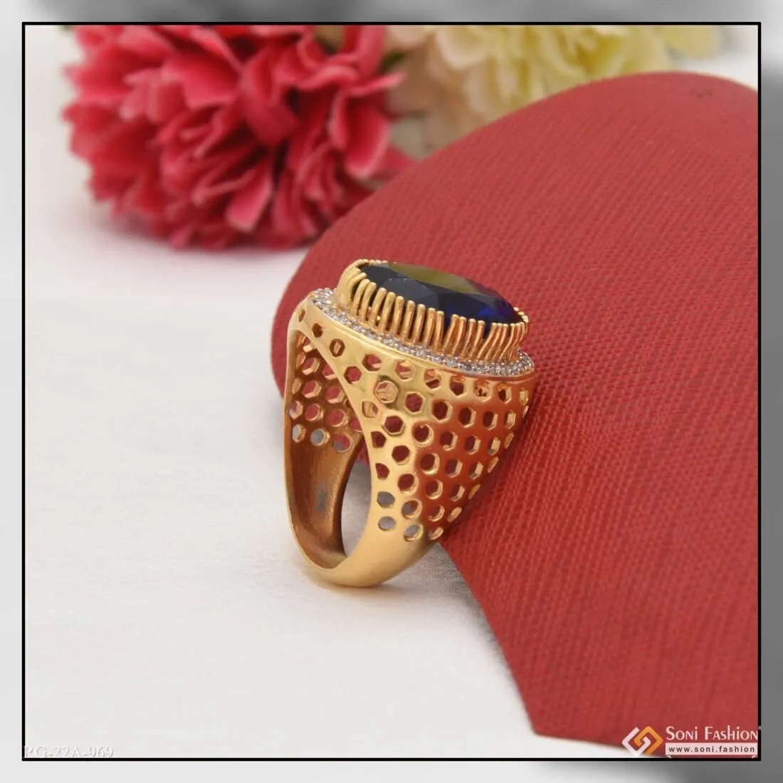 1 Gram Gold Forming Blue Stone With Diamond Best Quality Ring For Men - Style A969