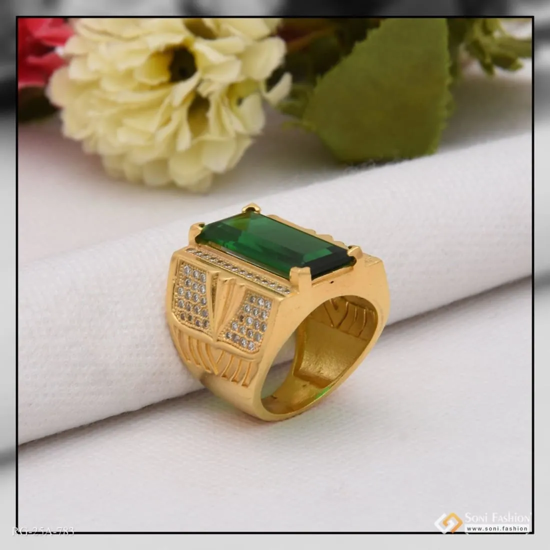 1 Gram Gold Forming Green Stone with Diamond Funky Design Ring for Men - Style A783