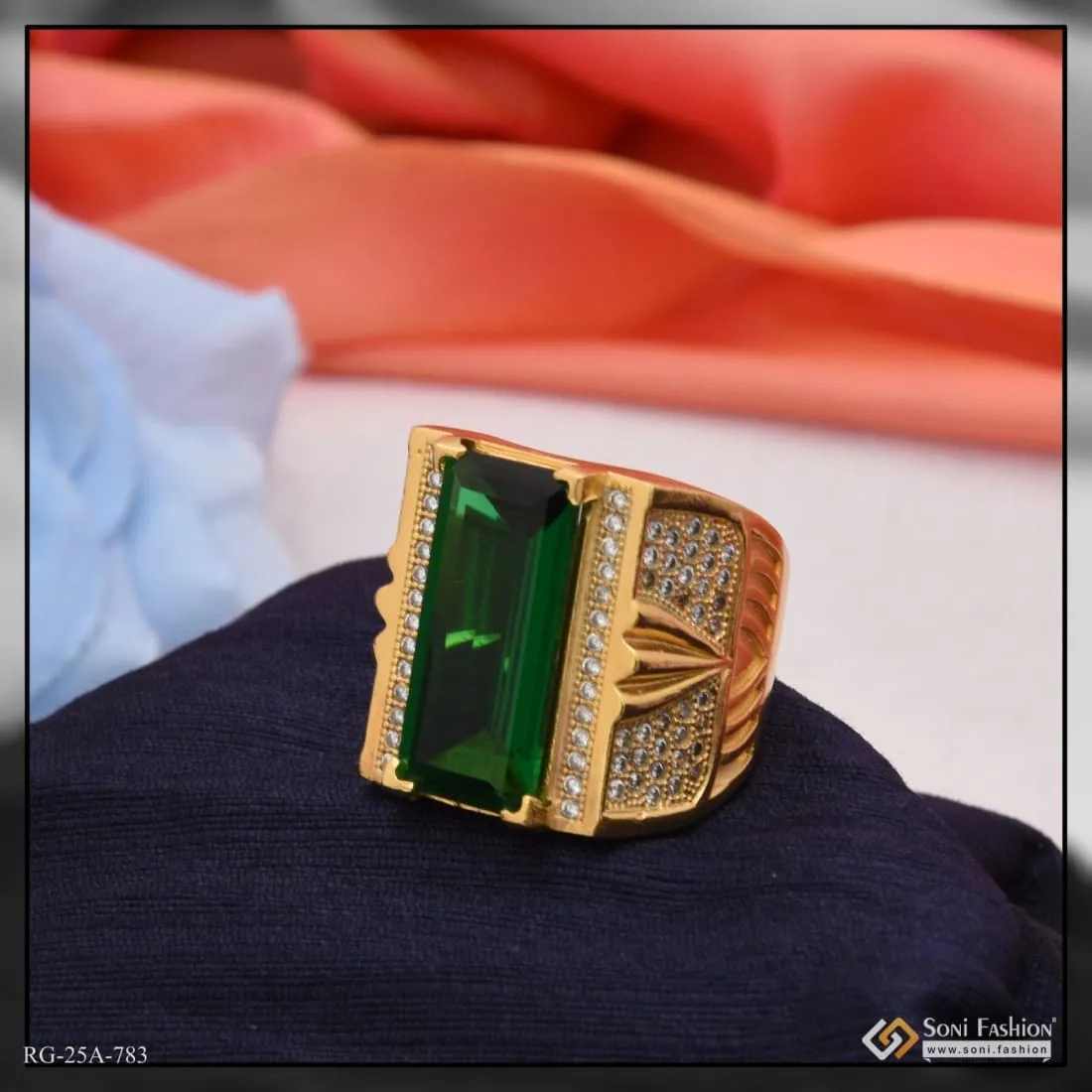 1 Gram Gold Forming Green Stone with Diamond Funky Design Ring for Men - Style A783