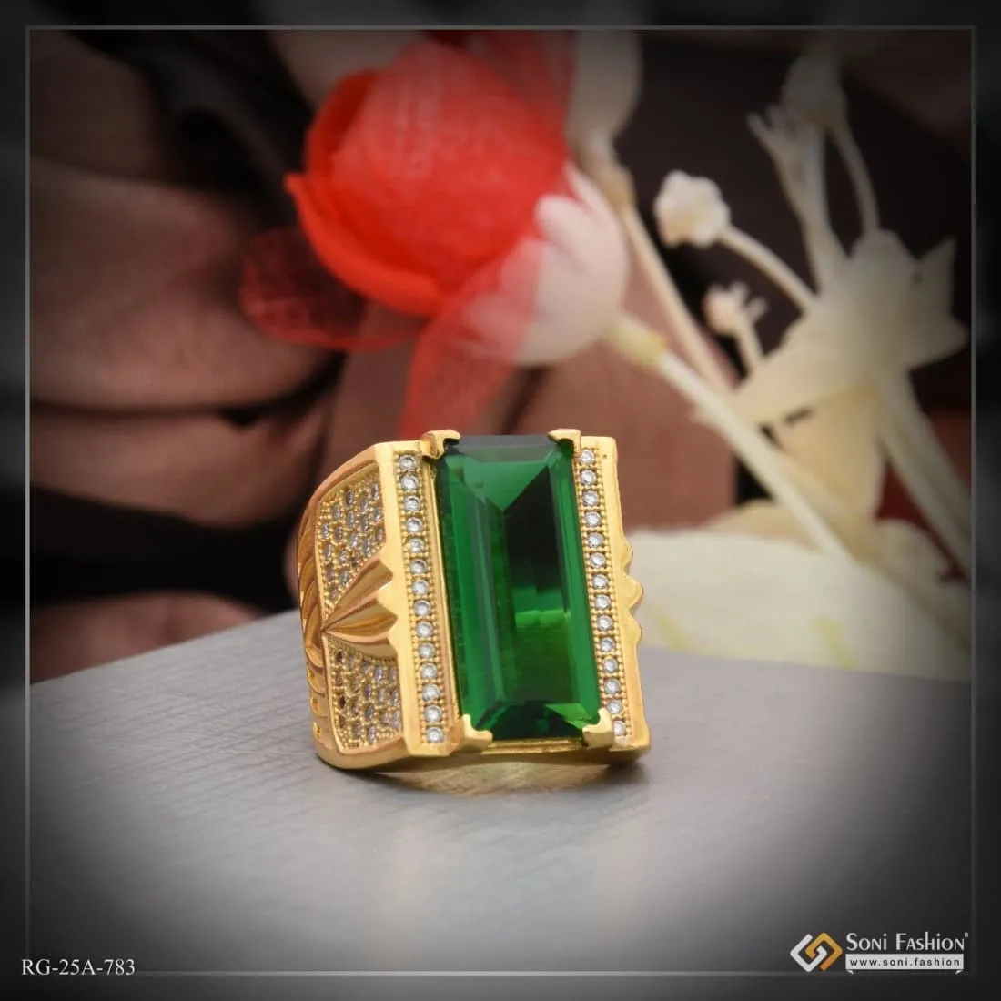 1 Gram Gold Forming Green Stone with Diamond Funky Design Ring for Men - Style A783