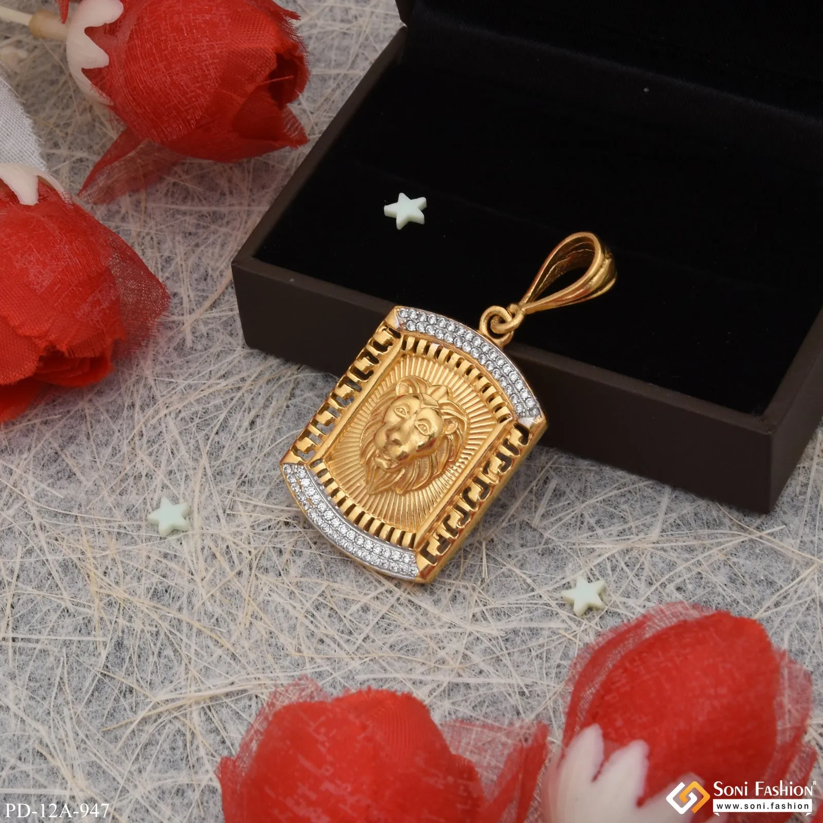 1 Gram Gold Forming Lion with Diamond Gold Plated Pendant for Men - Style A947