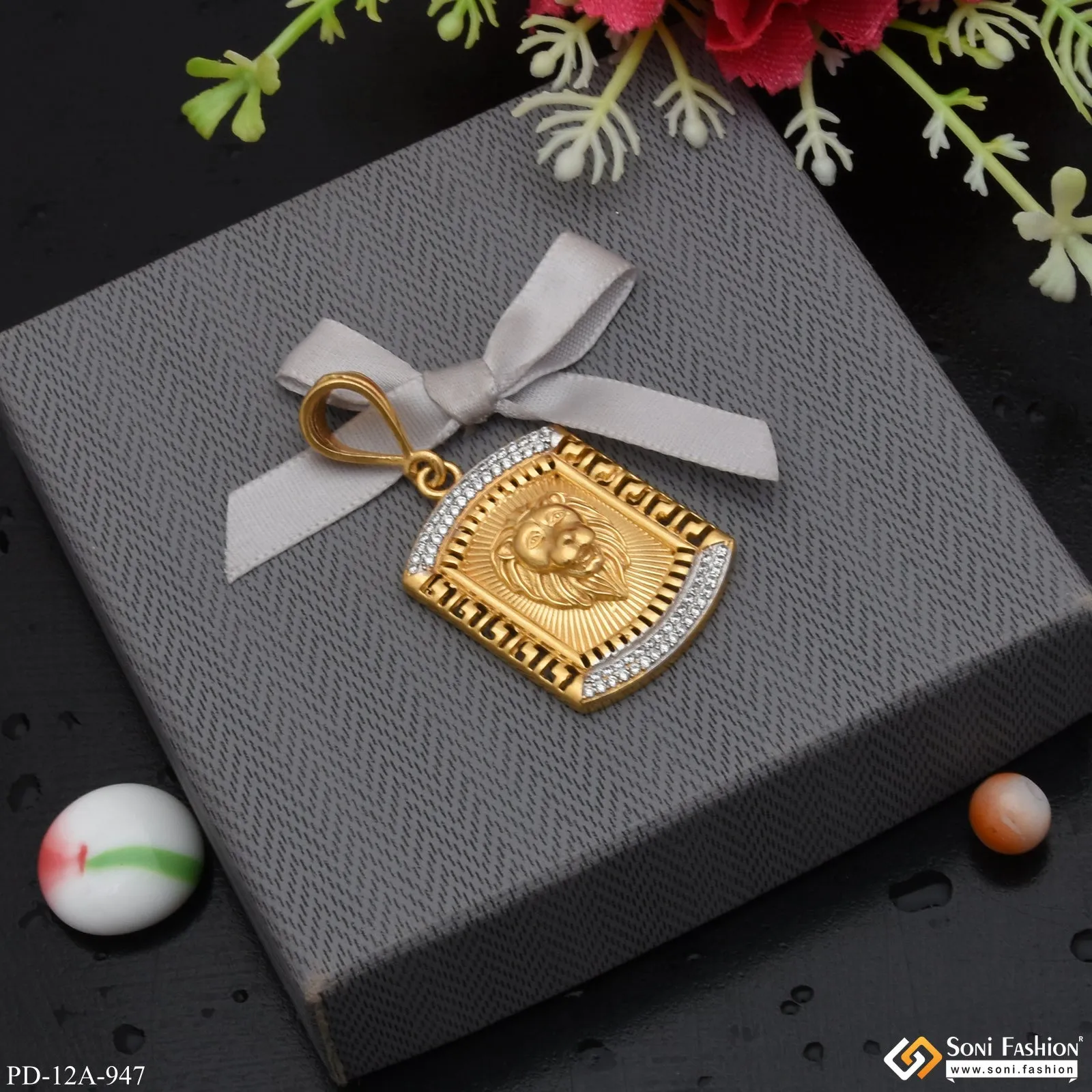 1 Gram Gold Forming Lion with Diamond Gold Plated Pendant for Men - Style A947