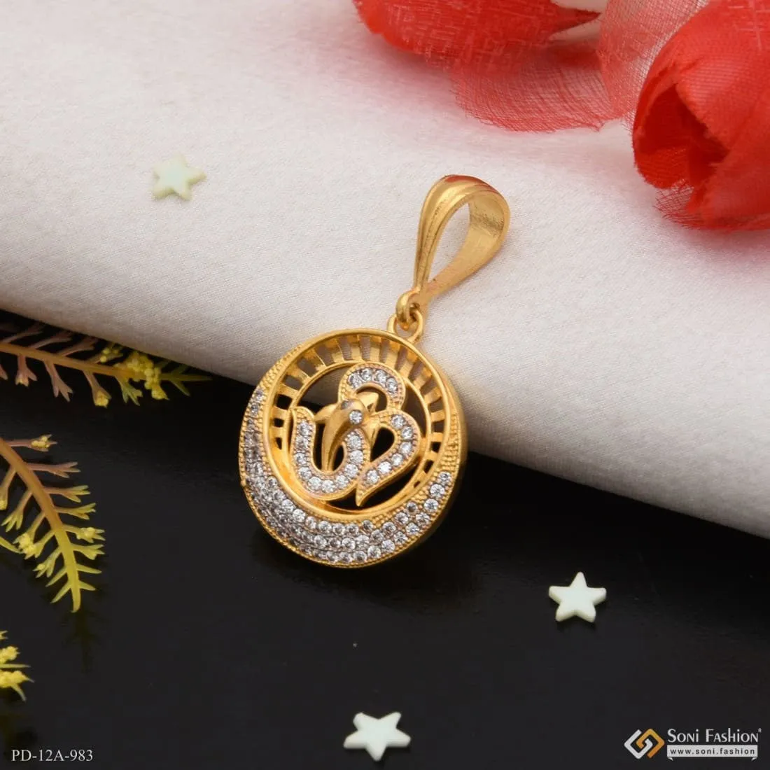 1 Gram Gold Forming Om With Diamond Glamorous Design Pendant For Men - Style A983