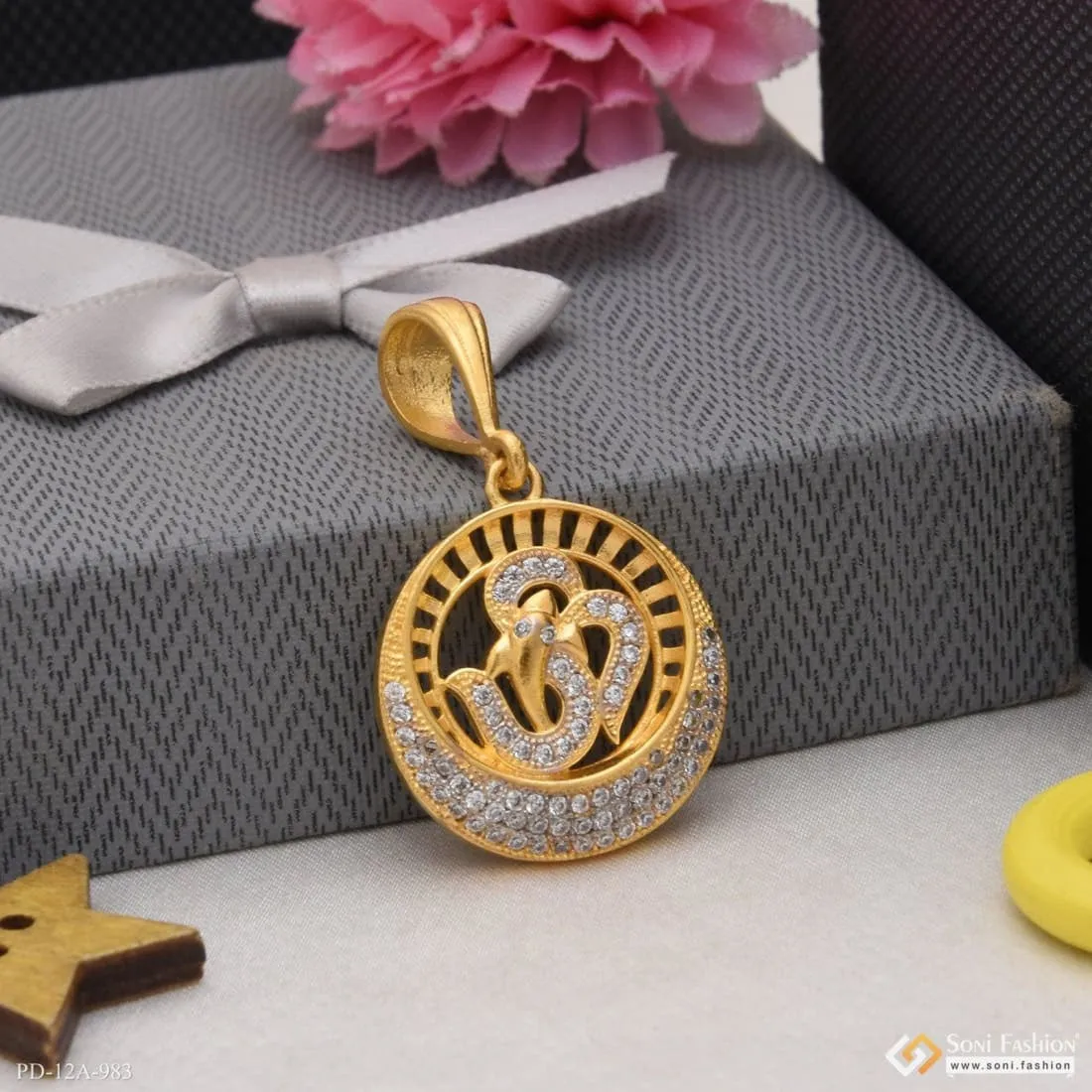 1 Gram Gold Forming Om With Diamond Glamorous Design Pendant For Men - Style A983