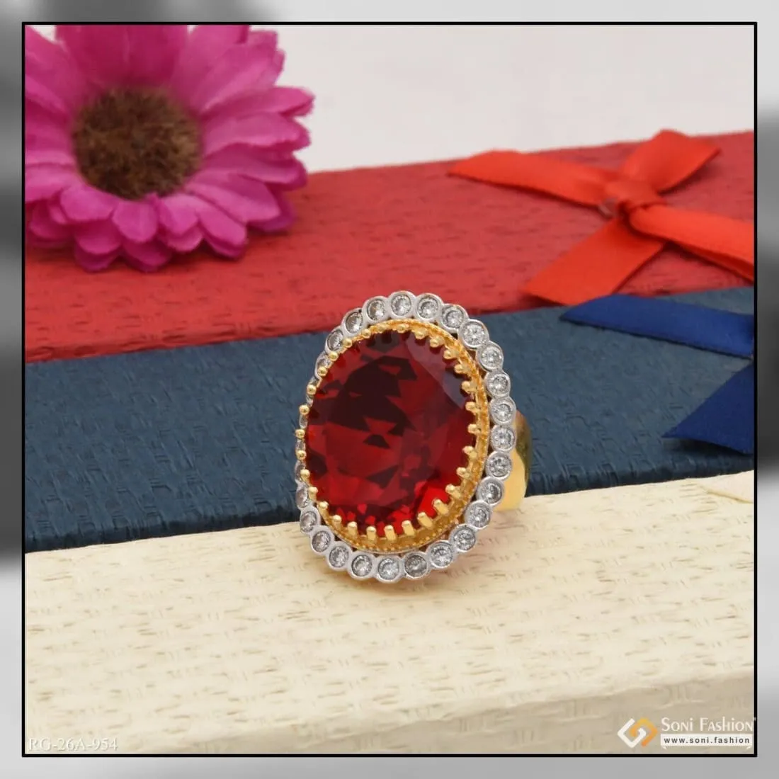 1 Gram Gold Forming Red Colour with Diamond Gold Plated Ring for Men - Style A954