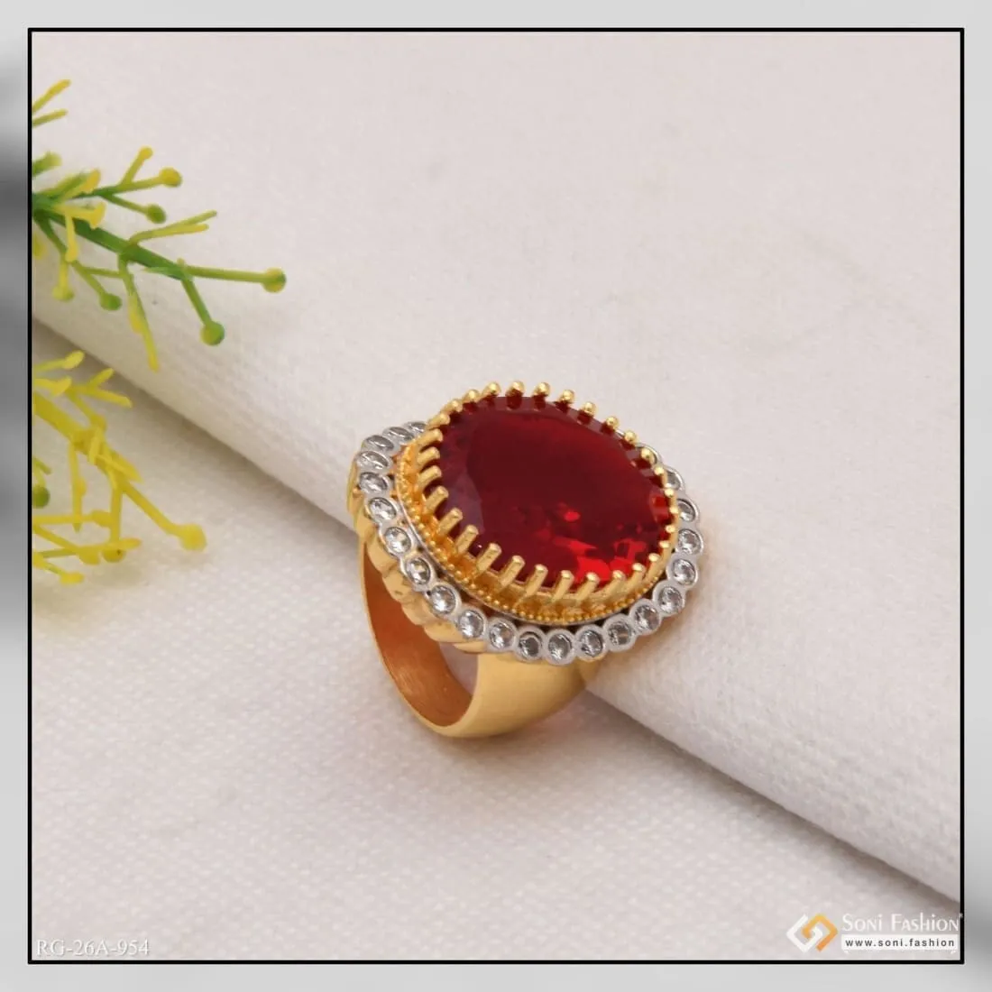 1 Gram Gold Forming Red Colour with Diamond Gold Plated Ring for Men - Style A954