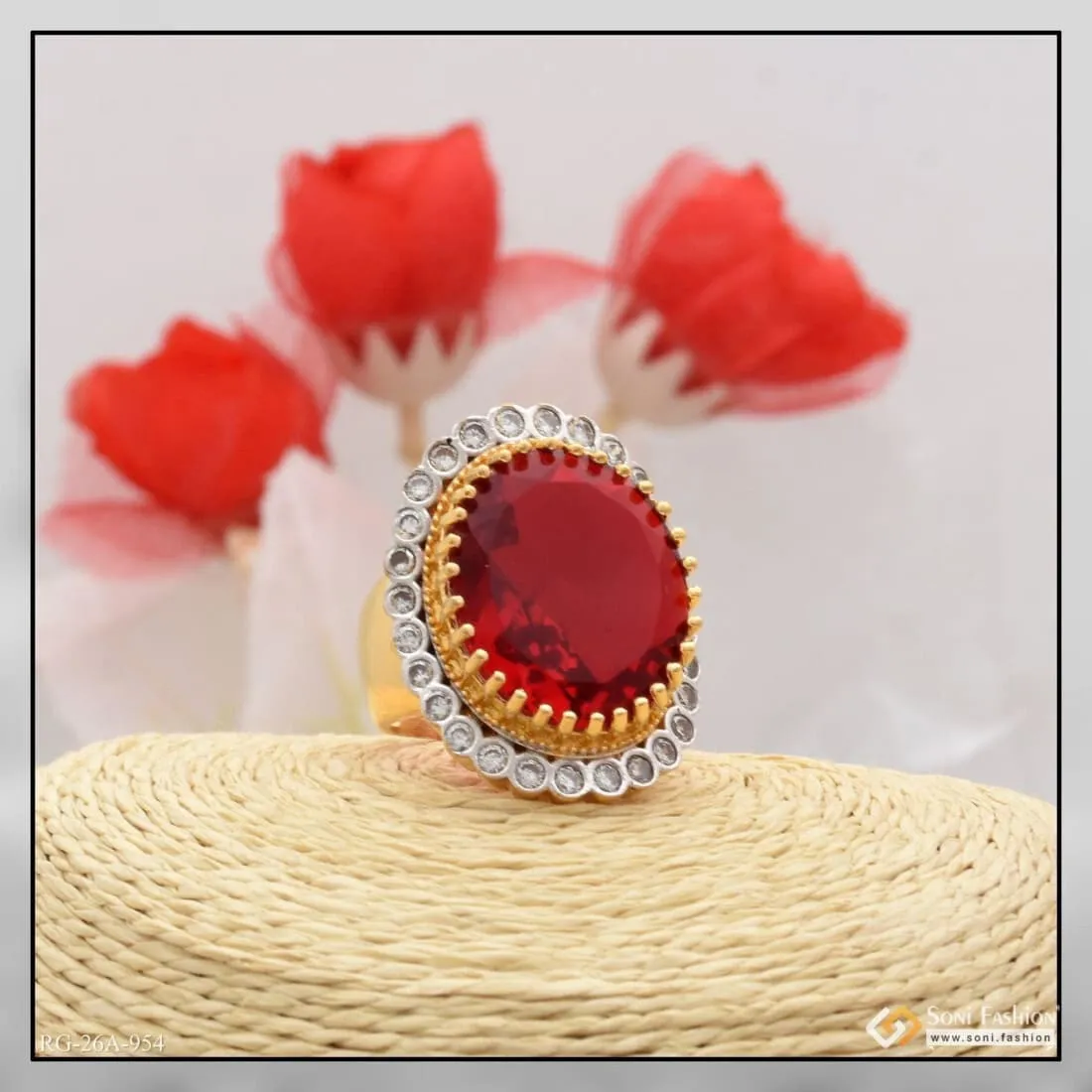 1 Gram Gold Forming Red Colour with Diamond Gold Plated Ring for Men - Style A954