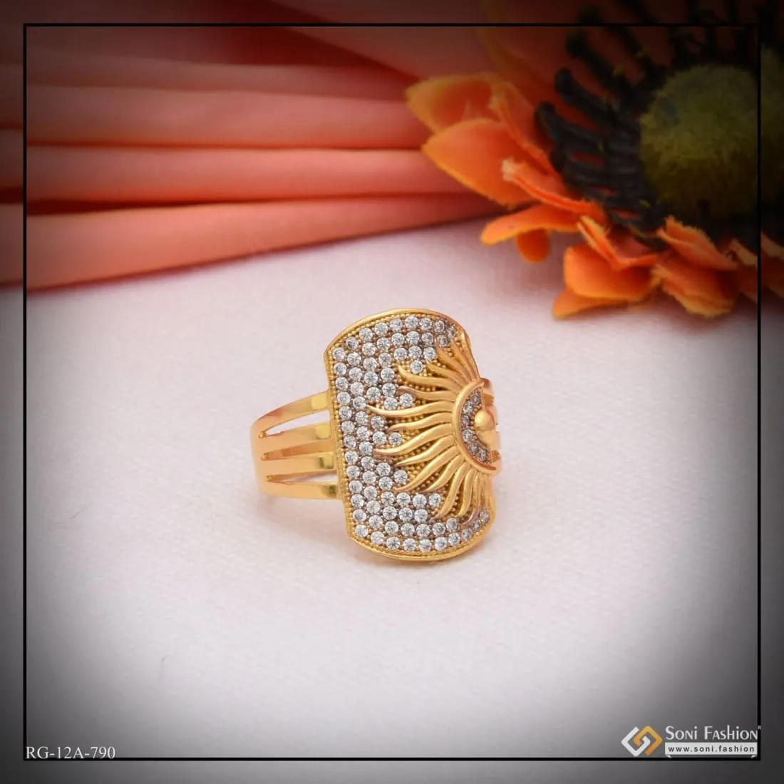 1 Gram Gold Forming Sun with Diamond Sophisticated Design Ring for Men - Style A790