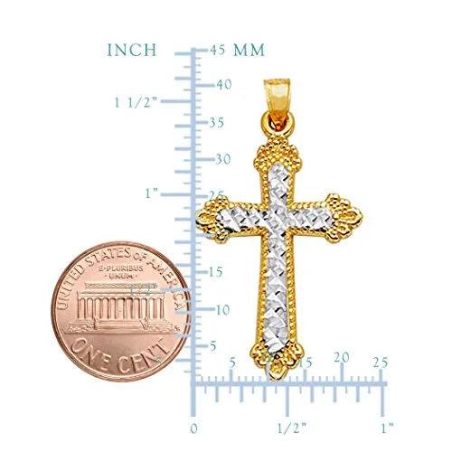 14k 2 Tone Gold Diamond Cut And Milgrain Finish Cross Pendant