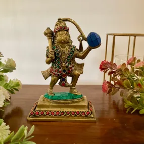 6 Inch Sankat Mocham Hanuman Brass Idol With Stonework