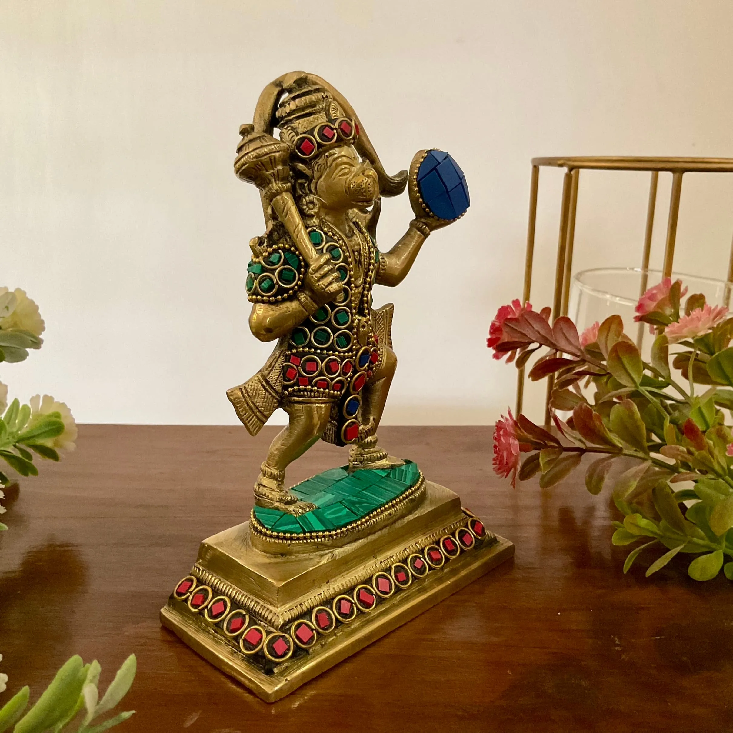 6 Inch Sankat Mocham Hanuman Brass Idol With Stonework