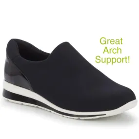 Bottom Dash Slip-On Sneaker in Black Neoprene Stretch Fabric Dash Slip-on Sneaker: Black Stretch Fabric/Black Patent/White Bottom I Walking Cradle