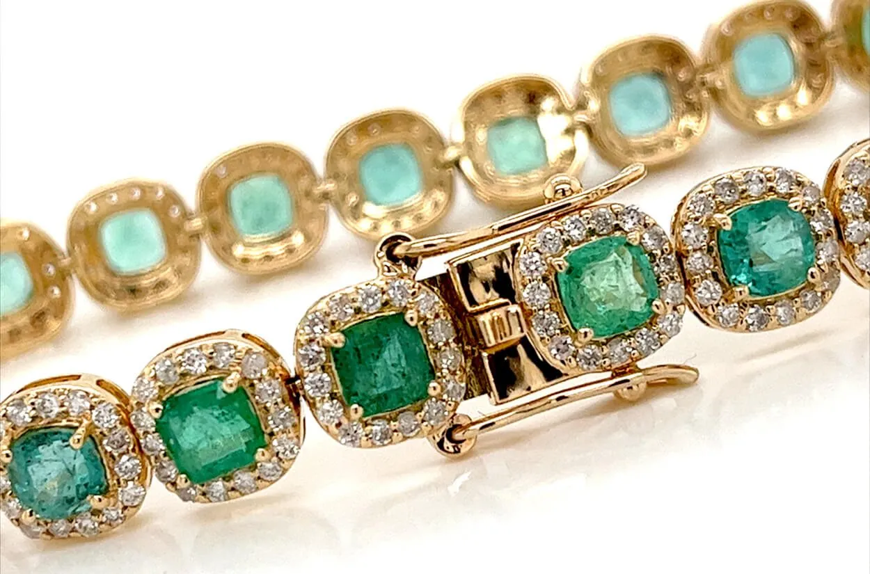 Bracelet 14kt Gold Emeralds & Diamonds Halo Tennis