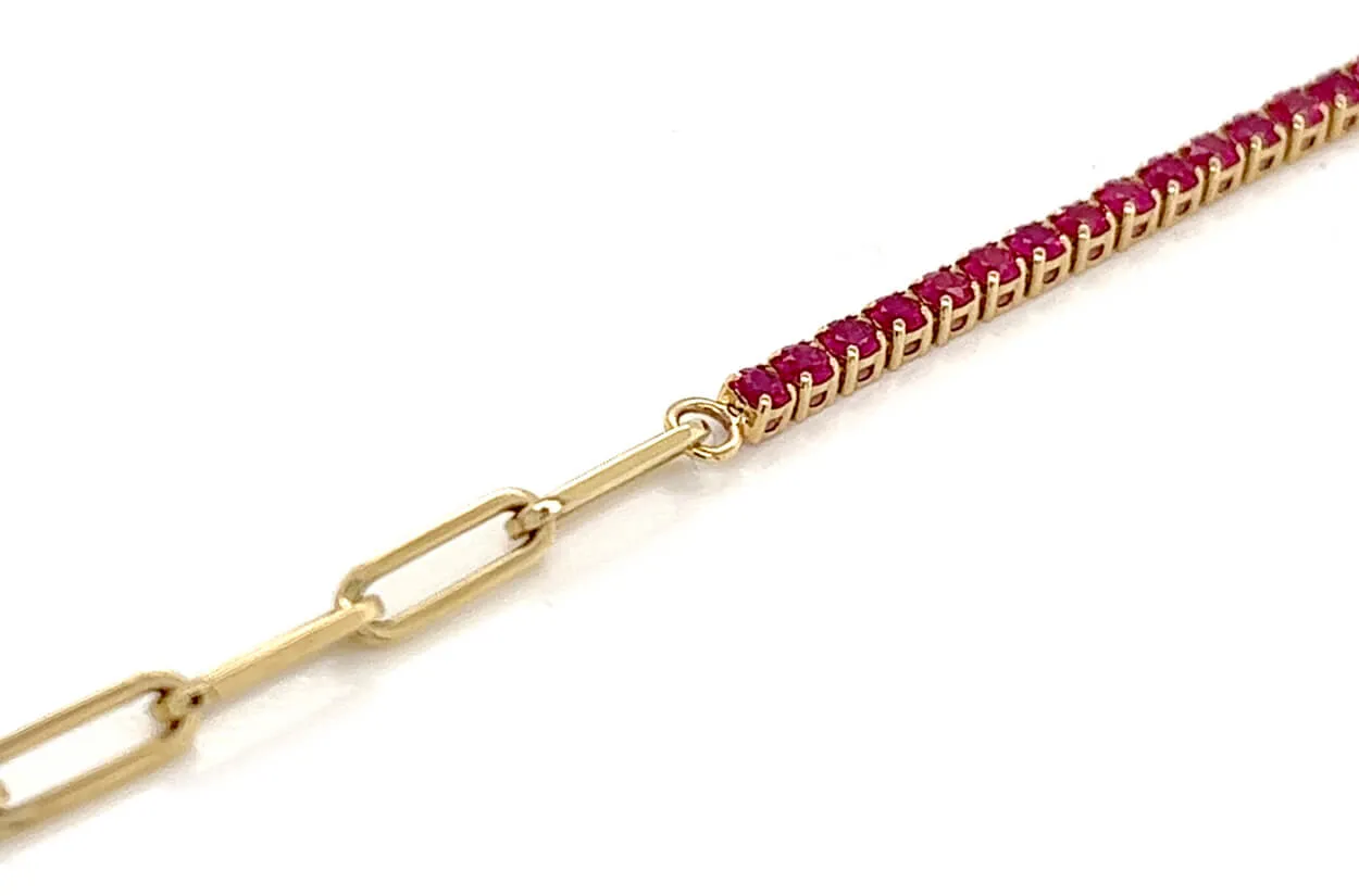 Bracelet 14kt Gold Half Paperclip & Half Rubies Tennis