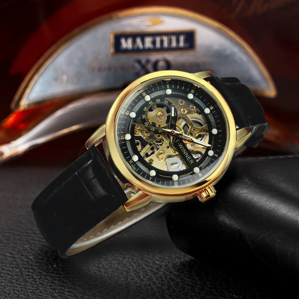 Classic Retro Hand Wind Mechanical Watches for Men Gold Skeleton WINNER Watch W660H