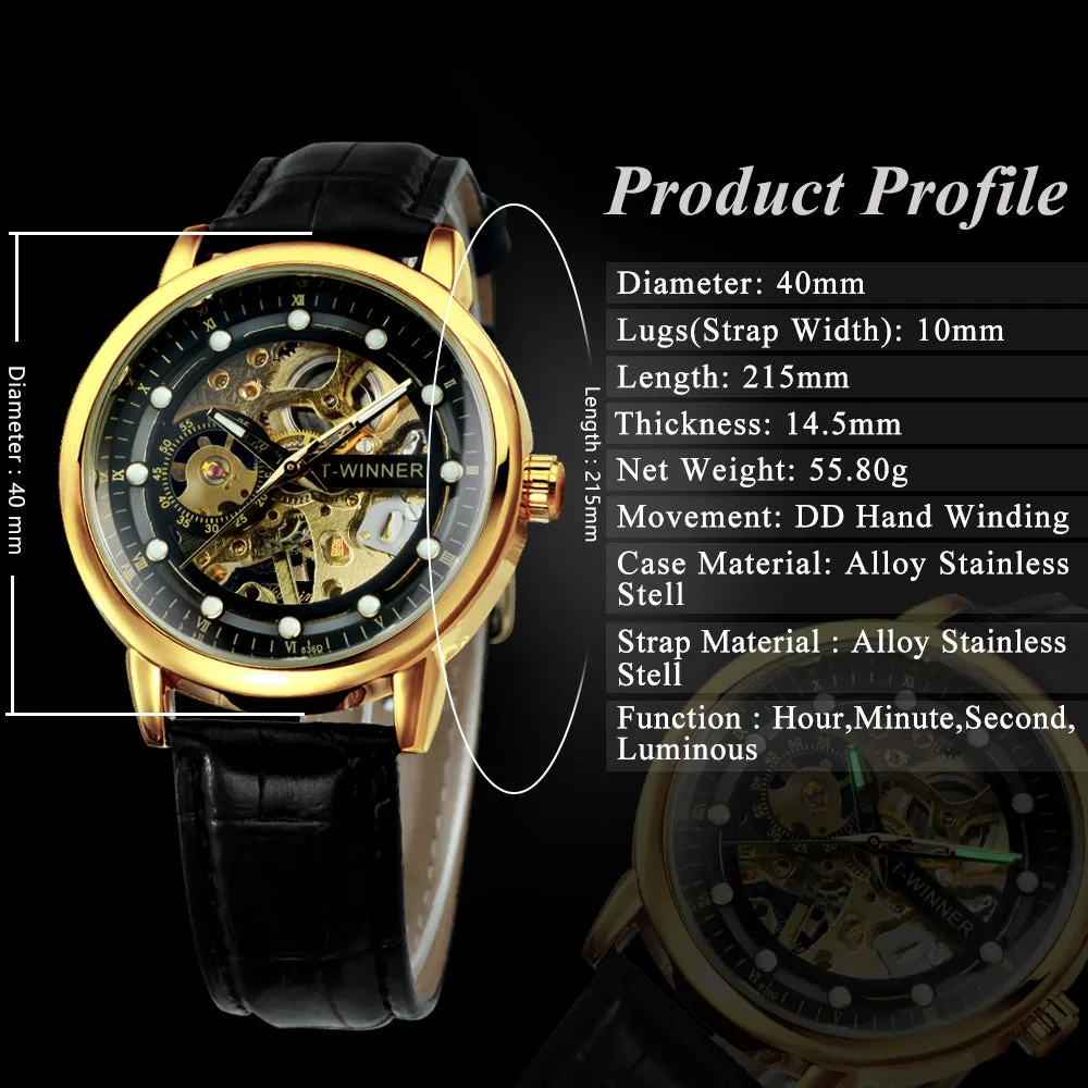 Classic Retro Hand Wind Mechanical Watches for Men Gold Skeleton WINNER Watch W660H