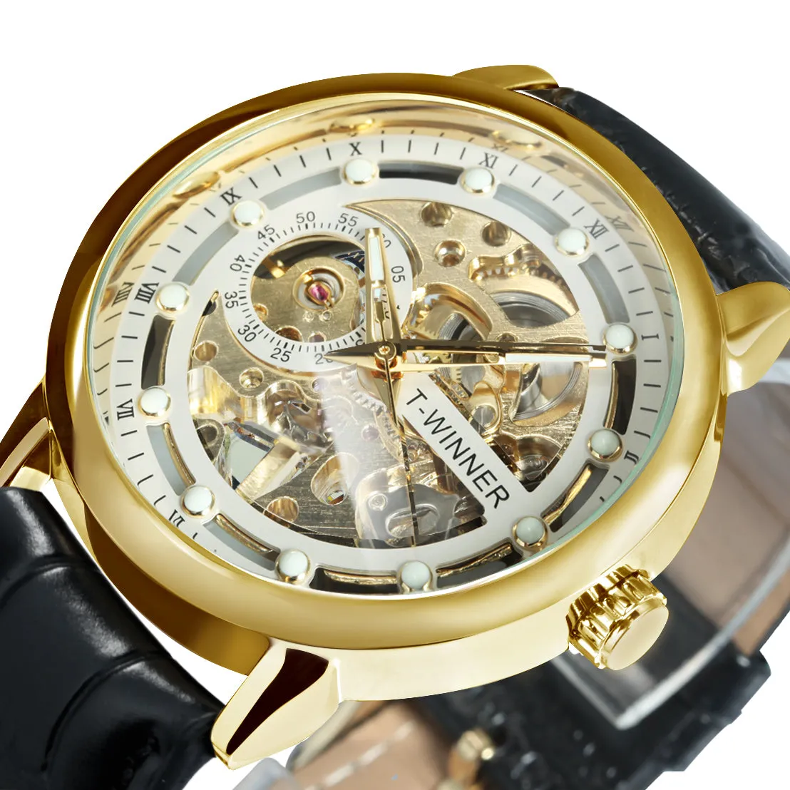 Classic Retro Hand Wind Mechanical Watches for Men Gold Skeleton WINNER Watch W660H