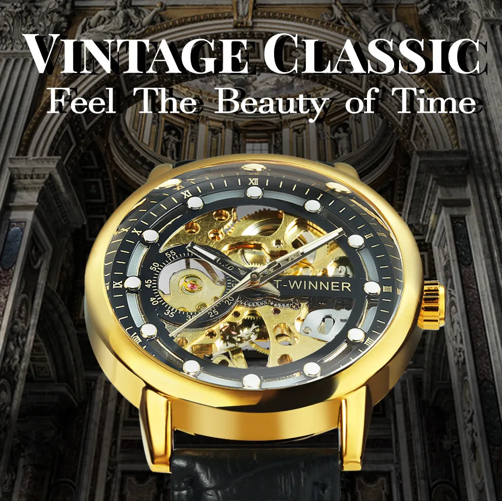 Classic Retro Hand Wind Mechanical Watches for Men Gold Skeleton WINNER Watch W660H