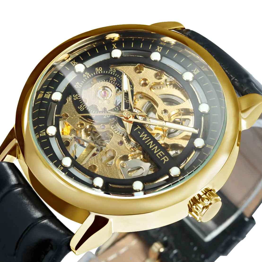 Classic Retro Hand Wind Mechanical Watches for Men Gold Skeleton WINNER Watch W660H