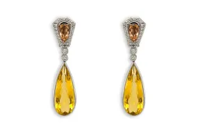 Earrings 18kt Gold Citrines Drop with Precious Topaz & Diamonds