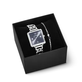 Gift Set Watch Iconic Cube Sparkling Anthracite Attraction & bracelet Square Stripes silver-black