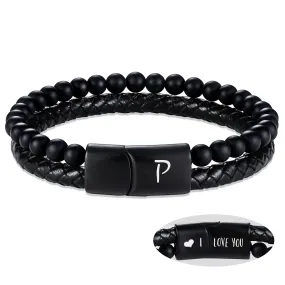 Leather Bracelet for Men Initial P Layered Black Beaded Bracelets I Love You Gifts for Him