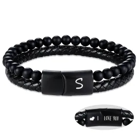 Leather Bracelet for Men Initial S Layered Black Beaded Bracelets I Love You Gifts for Him