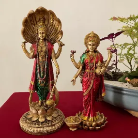 Lord Vishnu And Goddess Lakshmi Idol Cultured Marble Copper Finish - Decorative Home Decor