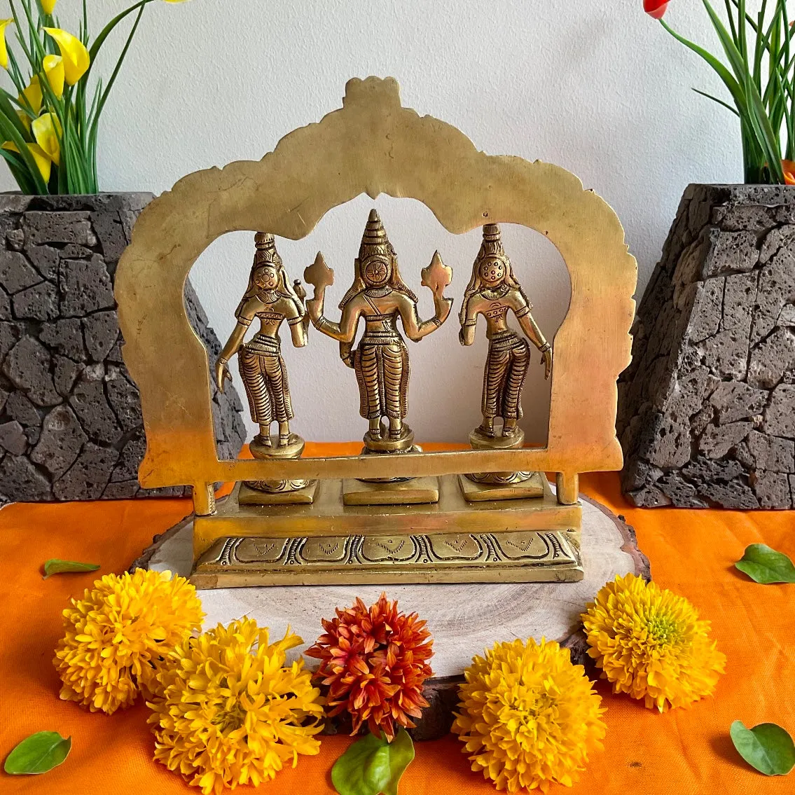 Lord Vishnu With Shridevi And Bhudevi Brass Idol - Decorative Home Decor