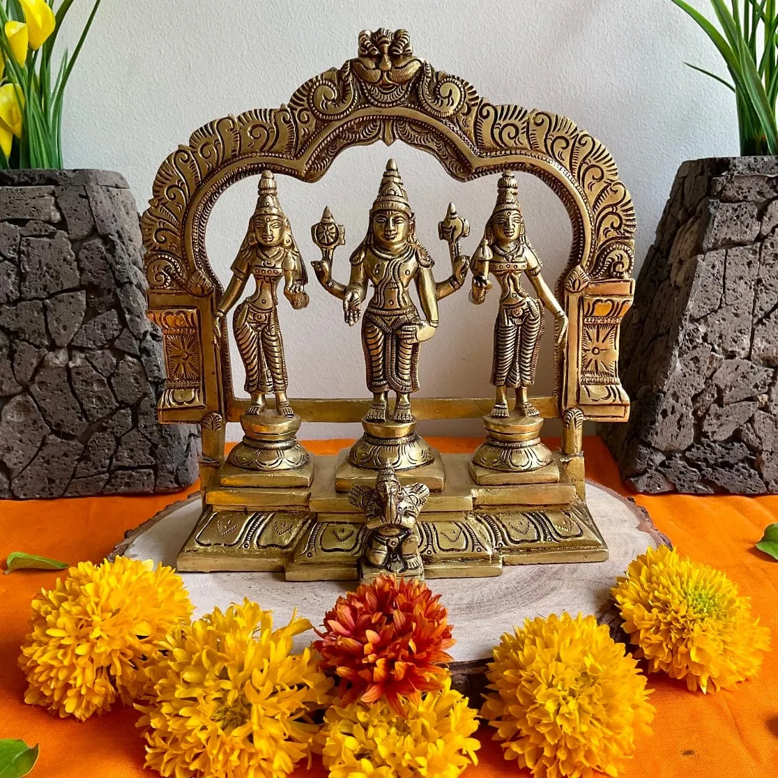 Lord Vishnu With Shridevi And Bhudevi Brass Idol - Decorative Home Decor