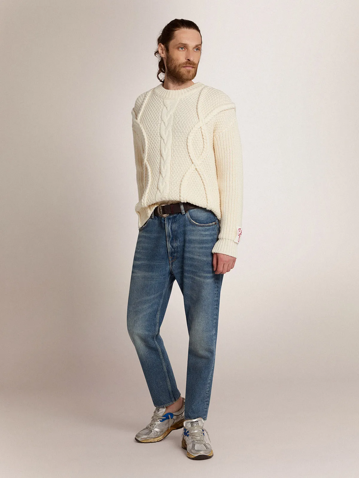 Men's crew-neck sweater in white wool