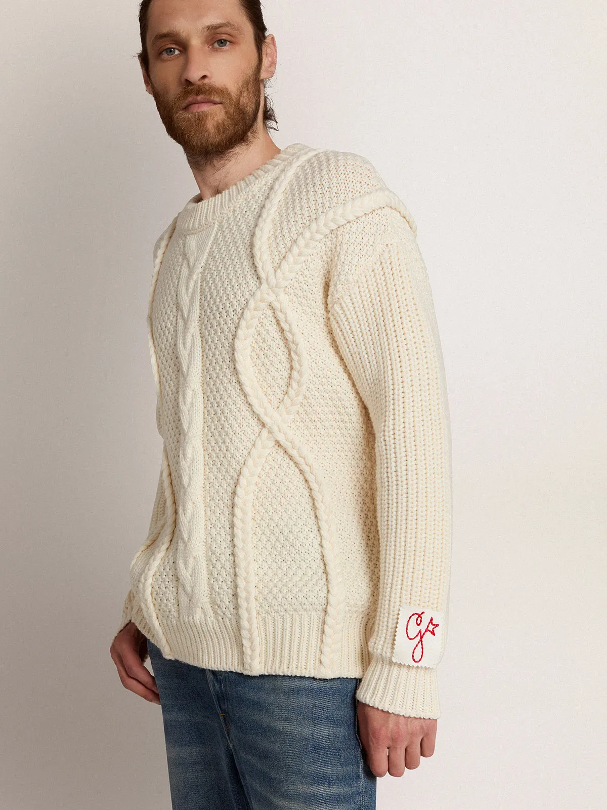 Men's crew-neck sweater in white wool