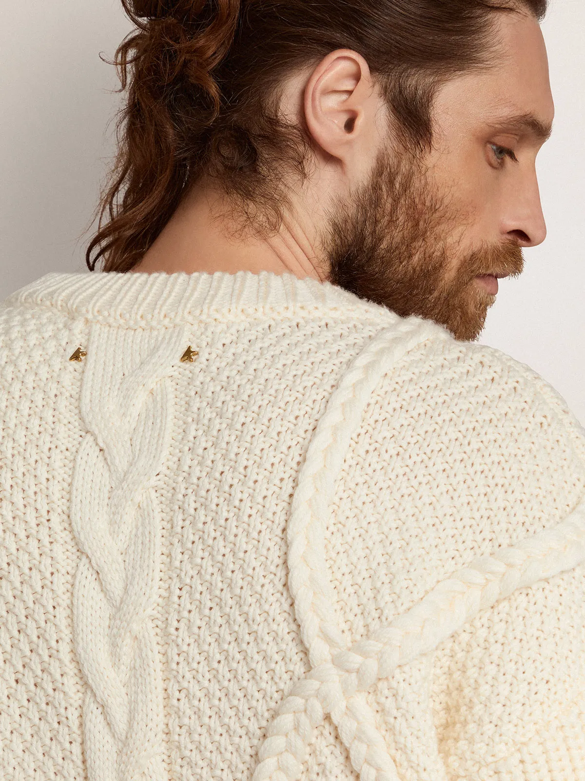 Men's crew-neck sweater in white wool