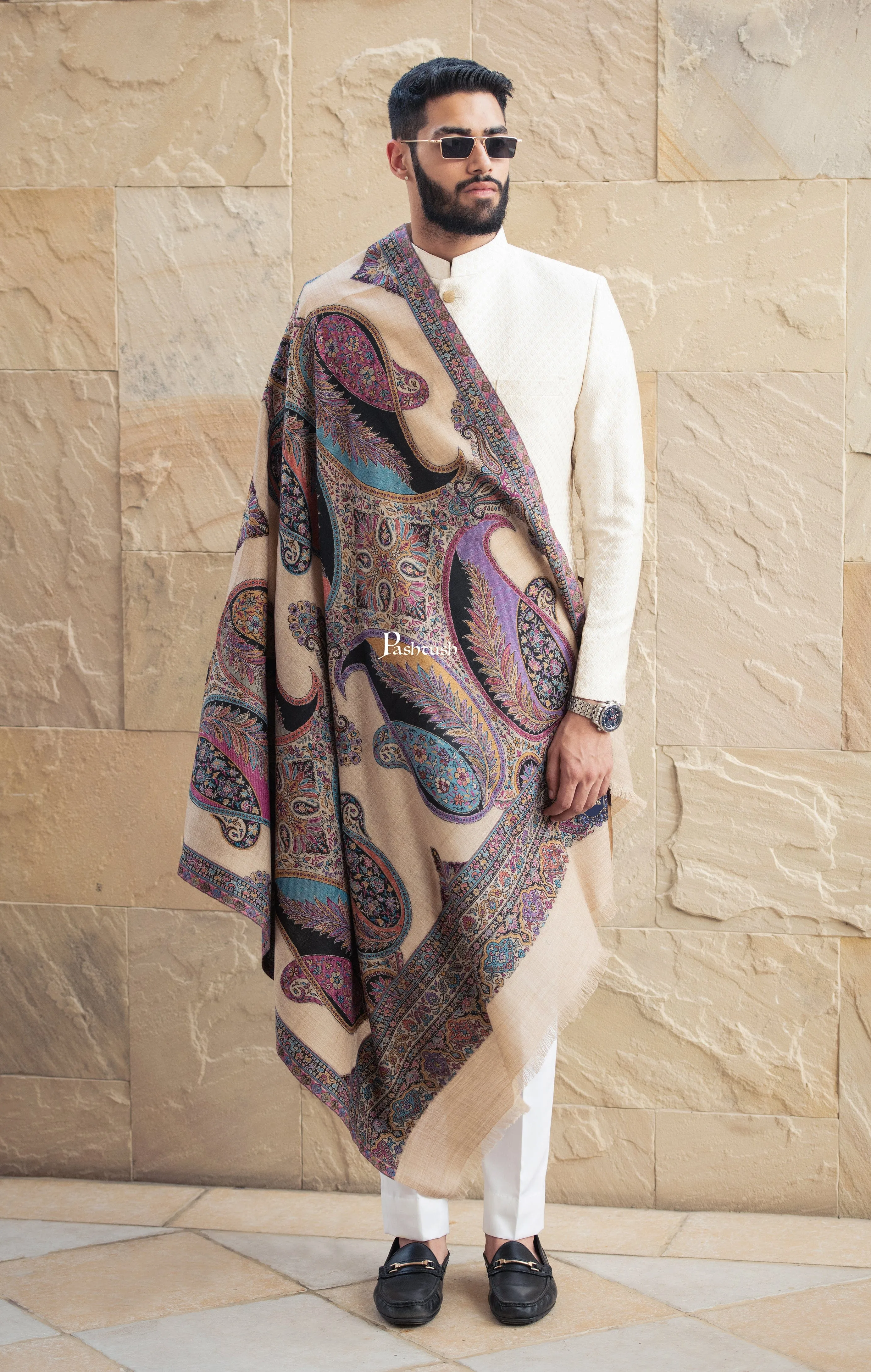 Pashtush men fine wool stole, paisley design