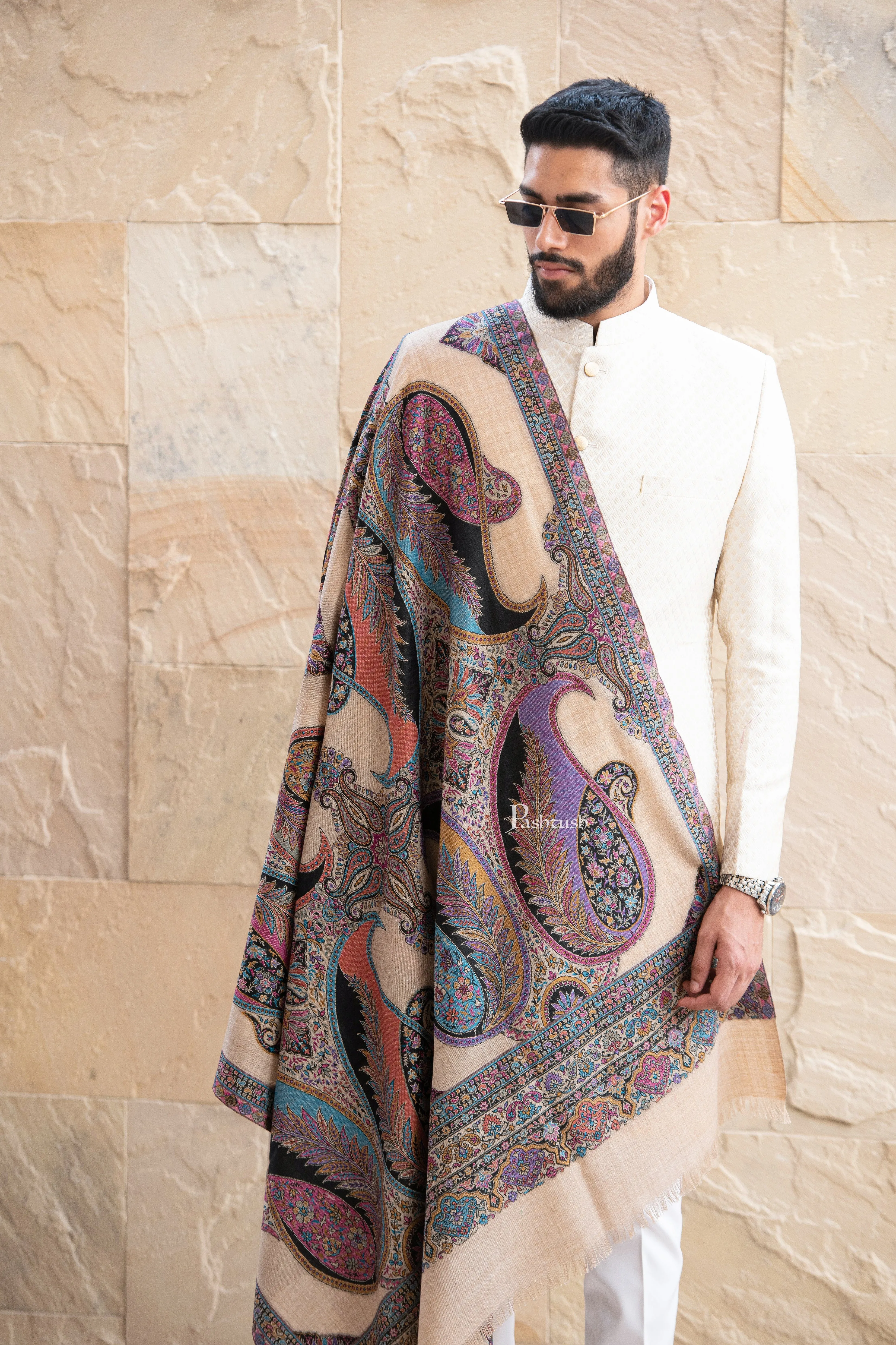 Pashtush men fine wool stole, paisley design