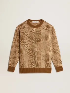 Round-neck sweater with olive-green jacquard lettering motif