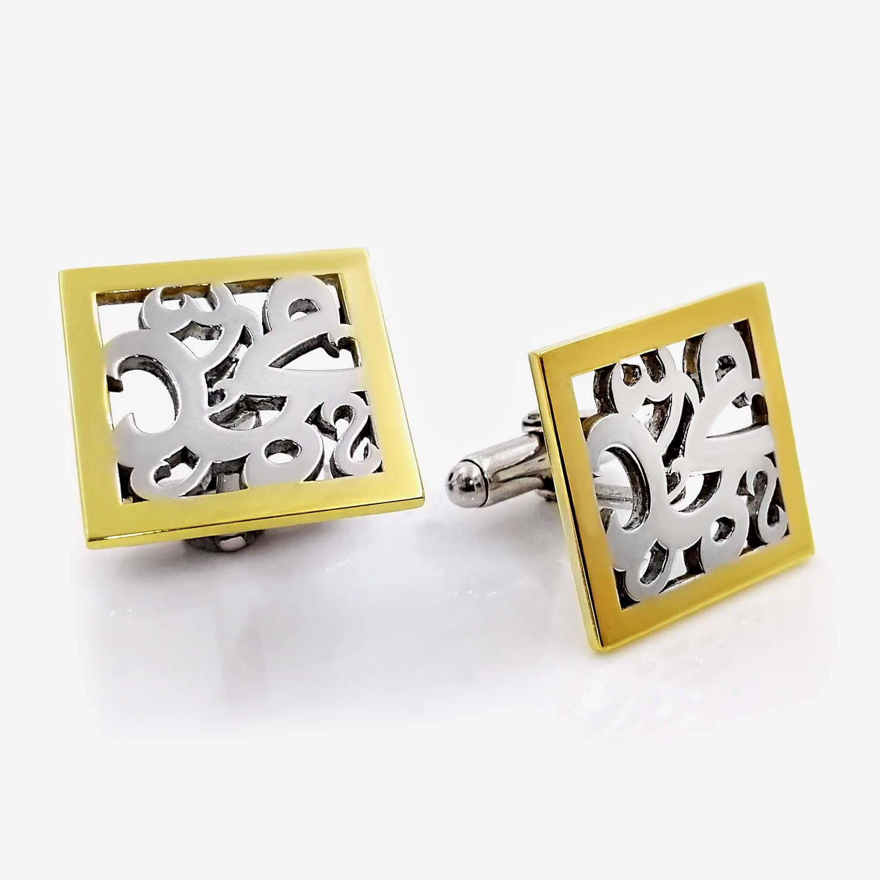 Silver 925 Arabic Calligraphy Custom Cufflinks With Golden Square Frame