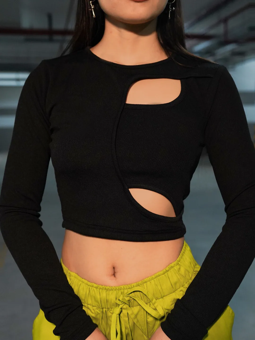 Stretchable Ribbed Top with Front Cut Outs