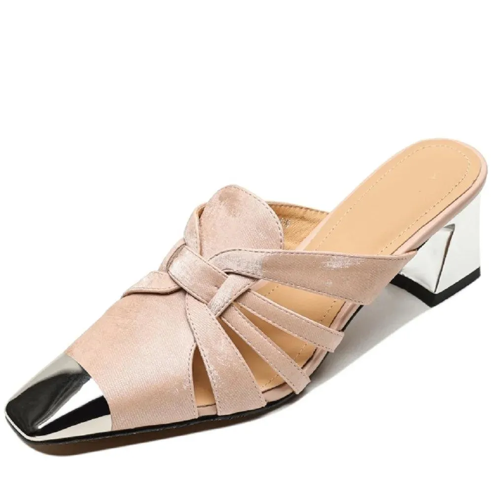 TSS53 Women's Casual Shoes - Square Toe Mules - Leather Sandals