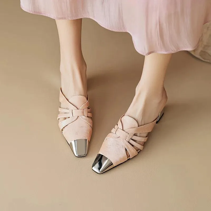 TSS53 Women's Casual Shoes - Square Toe Mules - Leather Sandals