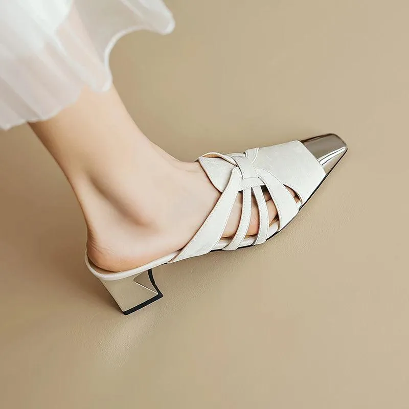 TSS53 Women's Casual Shoes - Square Toe Mules - Leather Sandals