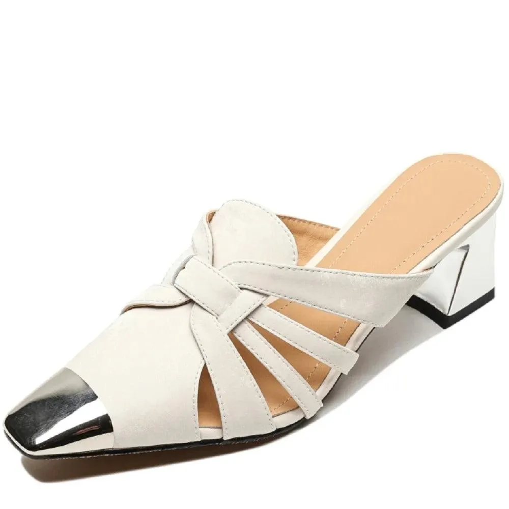 TSS53 Women's Casual Shoes - Square Toe Mules - Leather Sandals